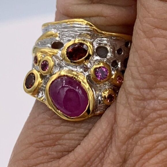 Ring, NWOT, solid 925 sterling silver, 22 K gold, orange sapphires and rubies, - Picture 9 of 15